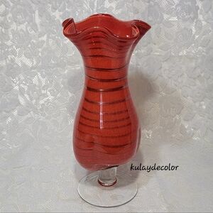 Vintage Italian Hand-Blown Orange Red Art Glass Vase Murano Style Pedestal 14"